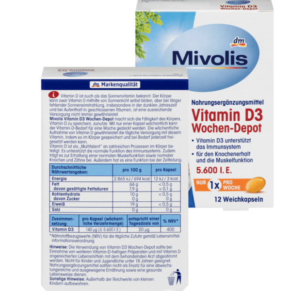 Mivolis Vitamine D3 Wekelijks Depot Zachte Capsules 12 Stuks
