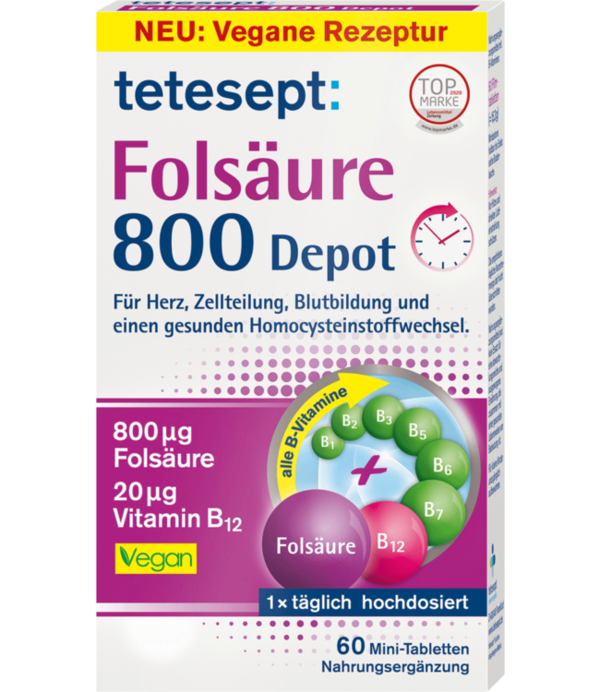 Tetesept Foliumzuur 800 Depot Mini Tabletten, 60 Stuks